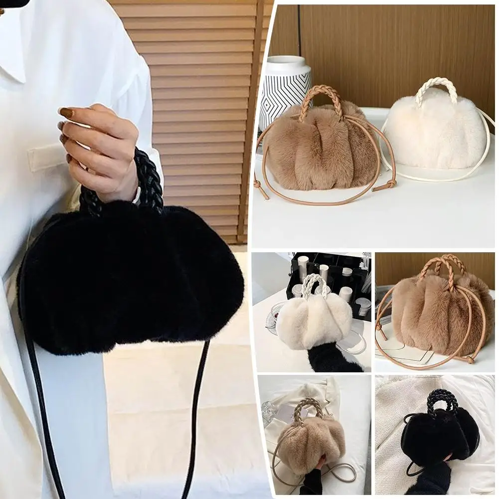 Korean Style INS Plush Cloud Bag Autumn Winter Handbag Kawaii Furry Women Cotton Japanese Drawstring Solid Shoulder Bag Col O9C7