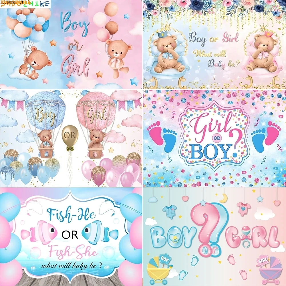 

Gender Reveal Theme Photography Backdrops He or She Newborn Baby Shower Birthday Party Bear Balloons Kids Photo Props BO-01