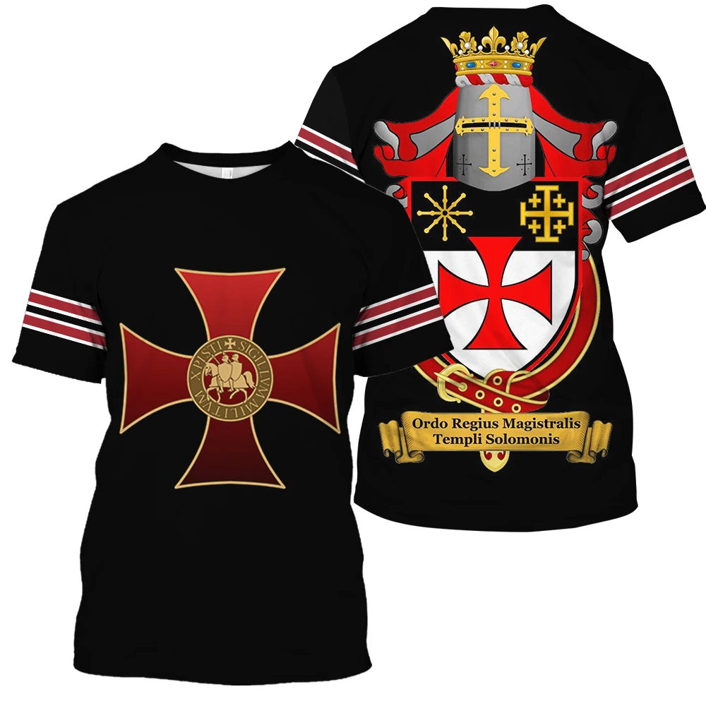 Retro Templar Print Round Neck Men's Clothes Summer Oversized T-shirt Men Fashion Casual Short-sleeved Knight Streetwear Tops