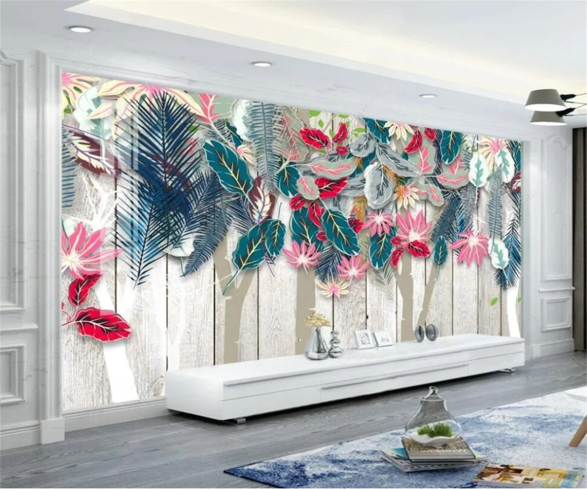 Customized color leaf mural European hand-painted tropical forest leaves flowers seamless splicing wall papers home decor