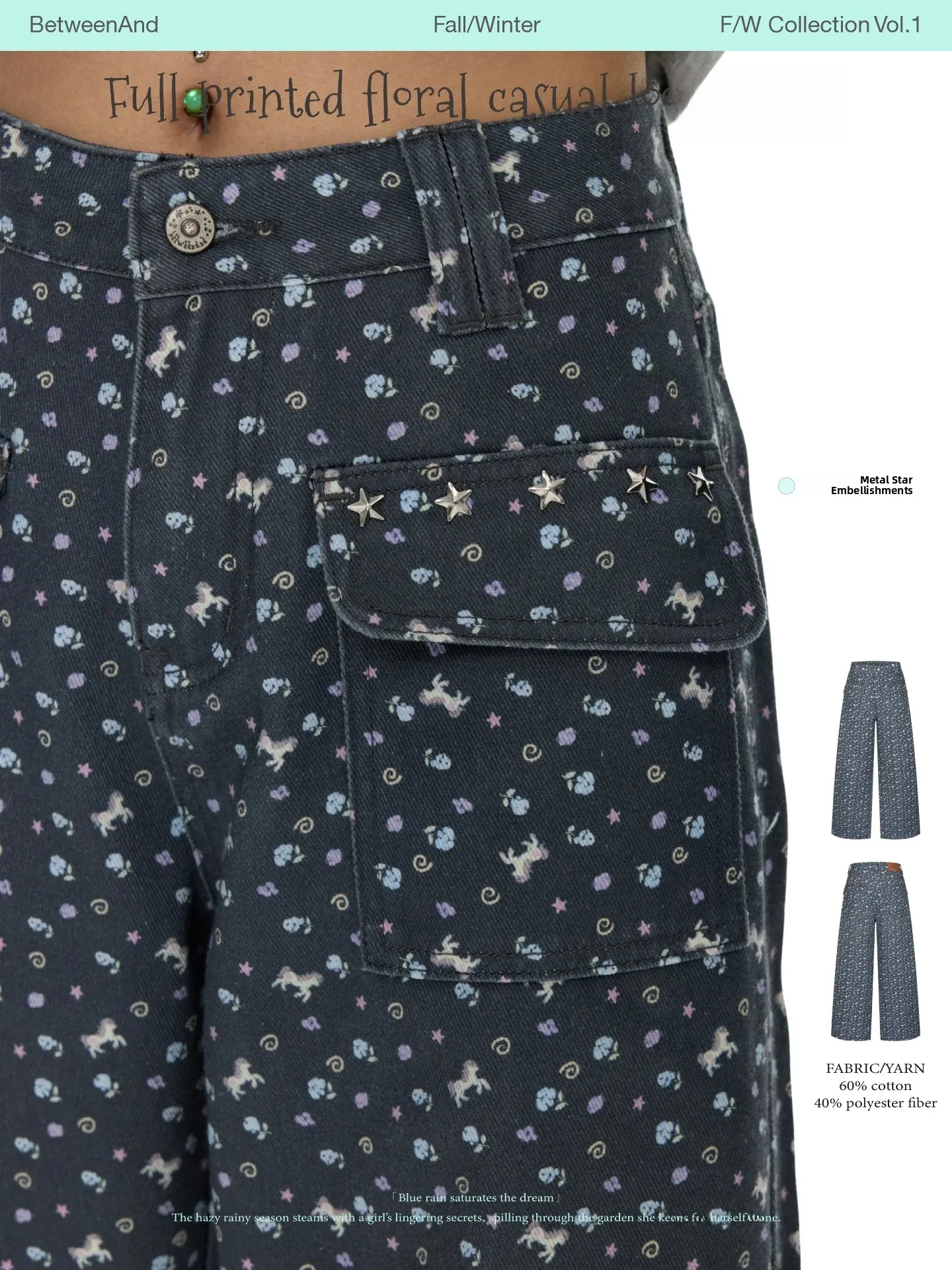 BENAND Star Field Loose Floral Print Long Pants Women's Autumn Casual Trousers Leg Lengthening Wide Leg Straight Cut
