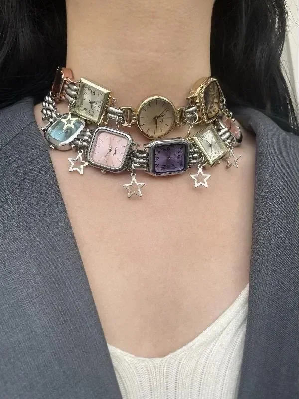 Niche Stitched Watch Pendant Necklace Cyberpunk Retro Old Money Multicolor Summer Jewelry Unisex Men Women Fashion Clavicle