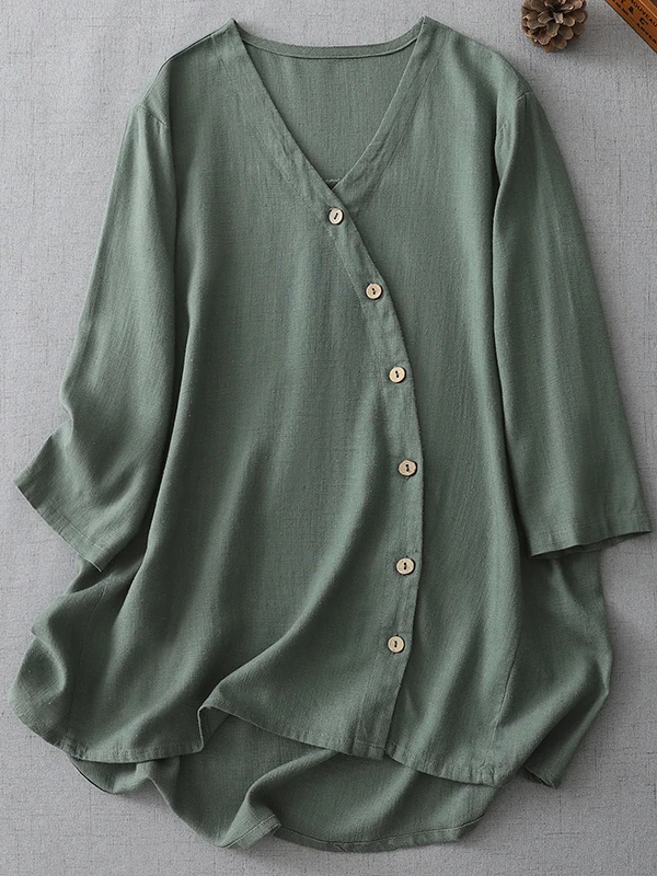 سترة بوهو سلي بيور كولور من القطن والكتان irt Jaet مقاس كبير للنساء بأزرار جانبية خمسة Sve V-Ne سترة صيفية مفتوحة #2