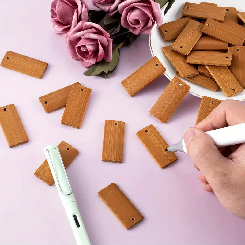 100Pcs Natural Wood Blanks 45x20mm Bamboo Tags for Keychain Rings Engraving Blanks Unfinished Tags Key Ring Tag