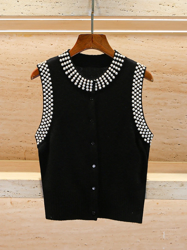 

S Home South Oil High End European Sle Women's Knitted Pearl Embellied Vest Open Cardigan Regular Fit Commute Sle