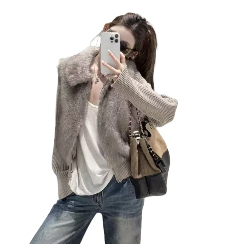 Otoño e Invierno nuevo chaleco de piel de zorro de imitación tejido empalme mangas removibles chaqueta de solapa delgada y versátil moderno elegante