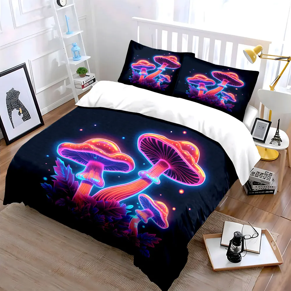 Neon glowing mushrooms with leaves Print Bedding Set 1 Duvet Cover 2 Pillowcases for Adult and Children Luxury Gift Full Size