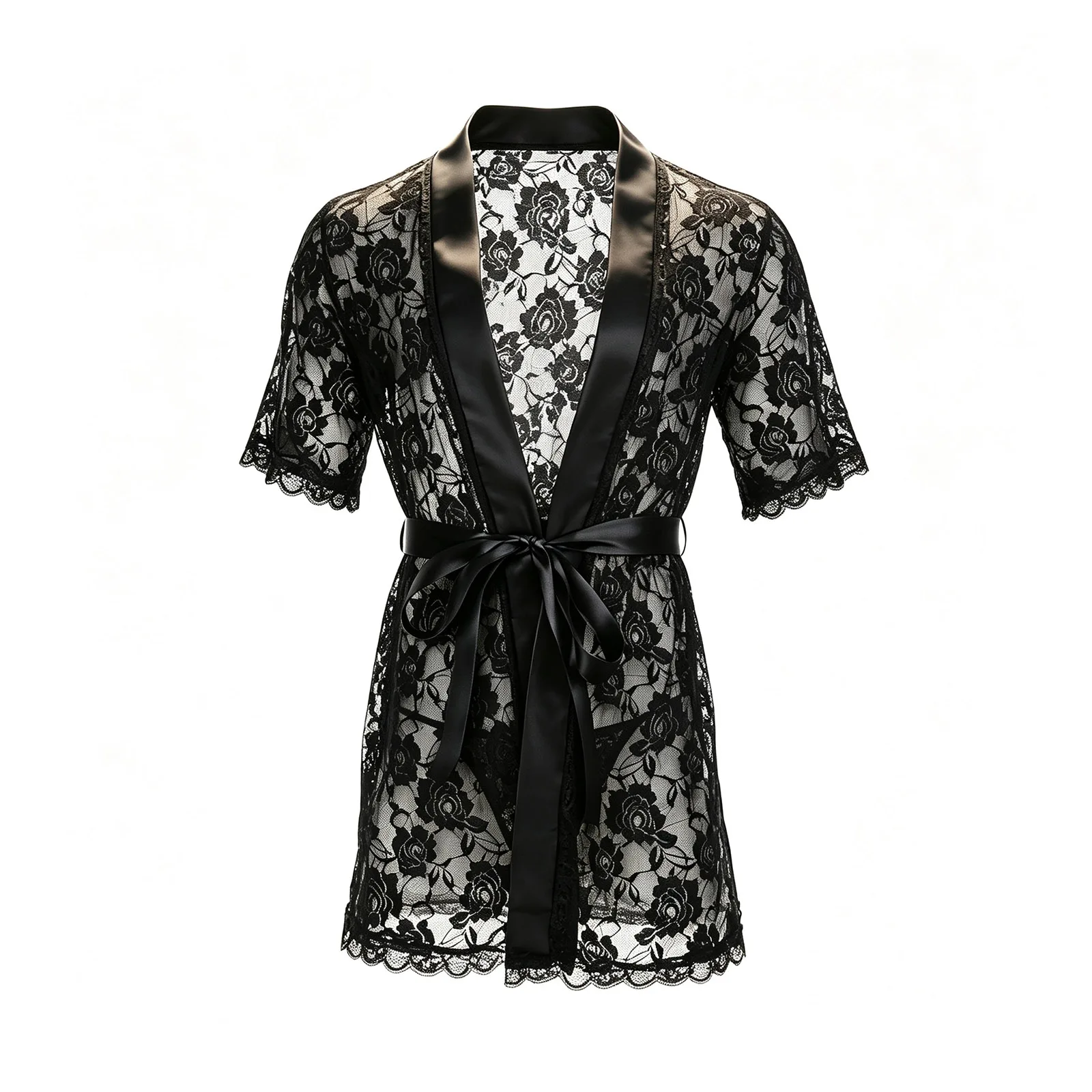 Men Kimono Lace Bathrobe Nightwear Nightgown Sexy Long Robe Loose Erotic Costume Bath Gown with T-back Sleepwear