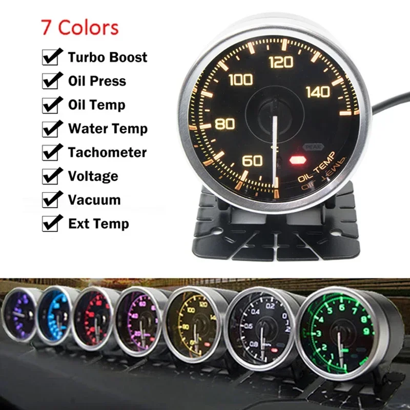 7 Color 60MM Multi-Function LCD Racing Meter, Turbo Boost Vacuum Gauge Water Temp Oil Temp Pressure Tachometer