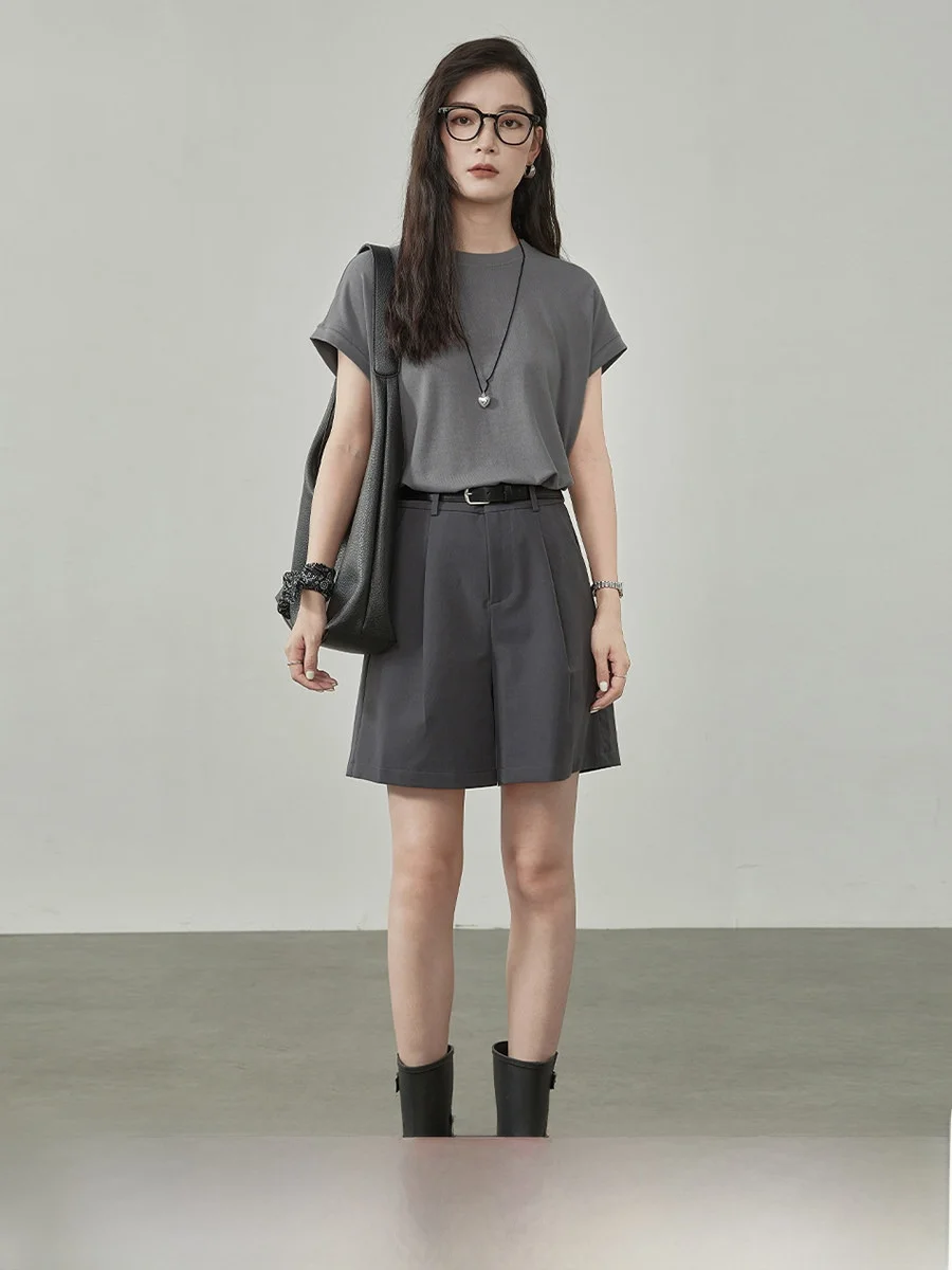 

Deep Grey Draped Suit Pants Women's Summer Loose High Waist Slimming A-Line Shorts Wide Leg Trousers Casual Style High Waist