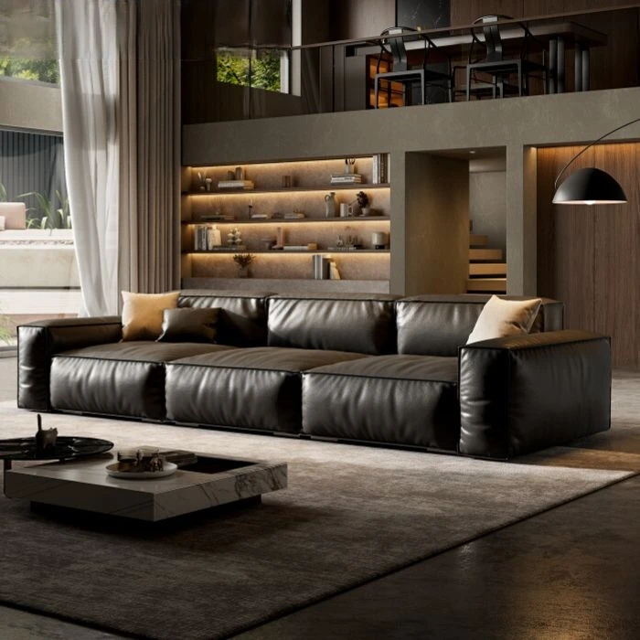 

#Tofu Block Genuine Leather Sofa Italian Minimalist Head Layer Cowhide Straight Sofa