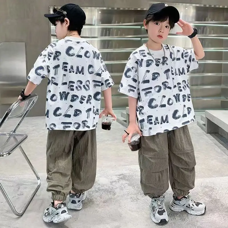 الصيف قصيرة الأكمام ملابس الأطفال أعلى وأسفل الملابس مجموعة قمصان الصبي الزي الأزياء 8 14 سنة دعوى السراويل الملابس قمم