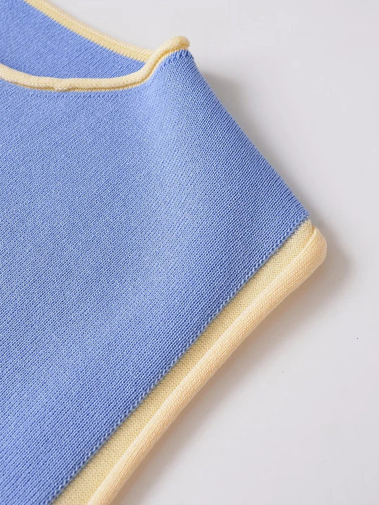 Europejski i amerykański styl, nowa kolekcja jesienna, damska odzież, patchworkowy, ozdobny, okrągły dekolt, bezrękawnik, dzianinowy top.