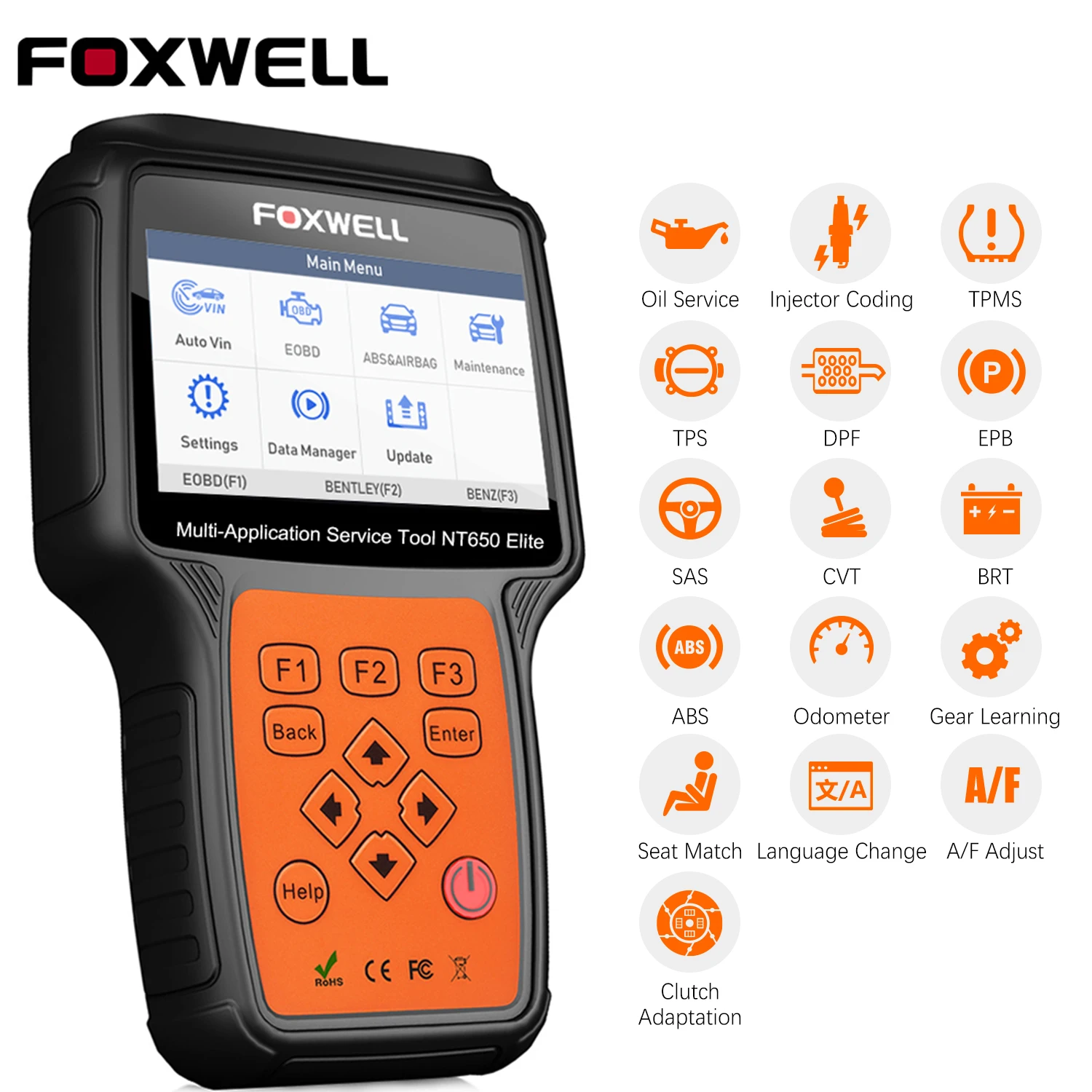 FOXWELL NT650 Elite OBD2 Diagnostic Tool Engine Code Reader 26 reset Fcuntion OBD 2 Scanner A/F Reset Auto Tools