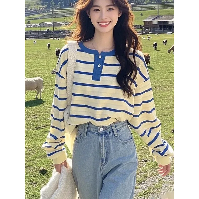 المألوف الكورية نمط الأزرق مخطط بأكمام طويلة تي شيرت للنساء الخريف جديد فضفاض ومتعدد الاستخدامات #1