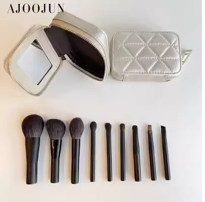 Ebony soft wool animal hair short pole mini makeup brush set with bag powder blusher brush powder brush