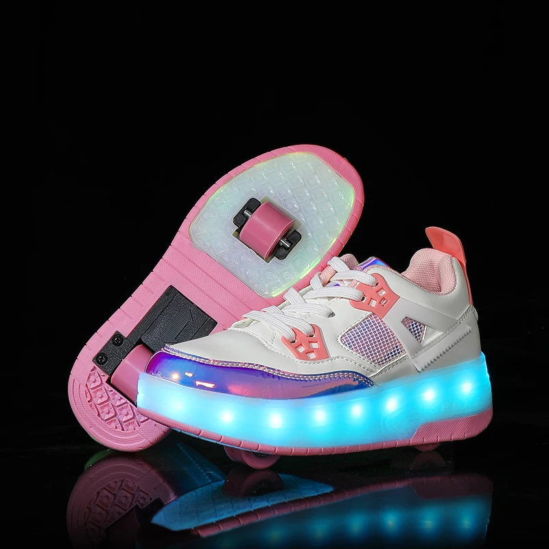 Children’s Two Wheels Luminous Glowing Sneakers Heels Pink Led Light Roller Skate Shoes Kids Led Shoes Boys Girls USB Charging