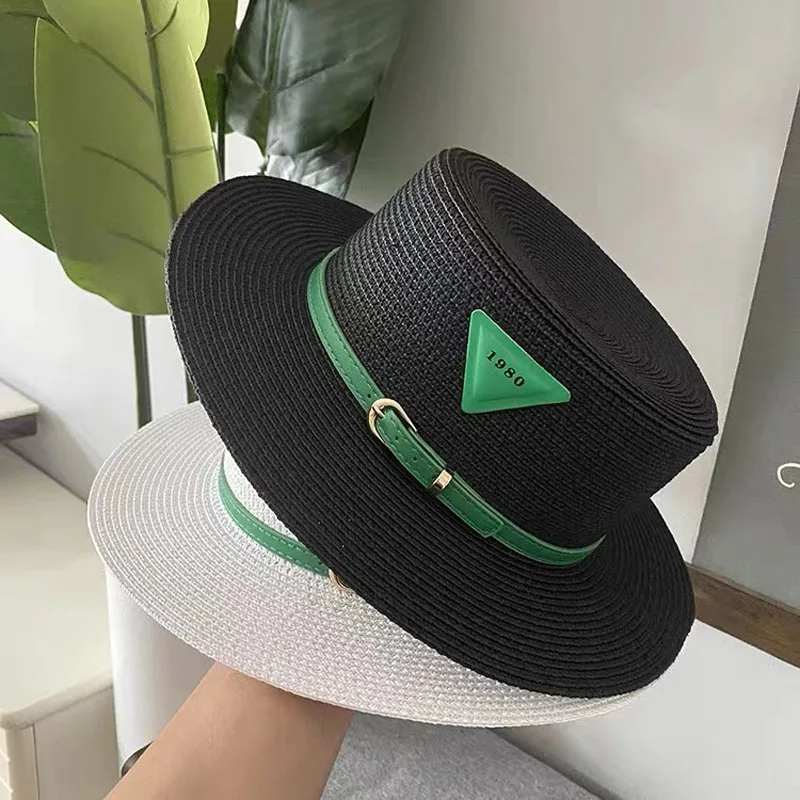 Summer Travel Beach Flat Top Straw Hat for Women Leather Buckle Top Hat Women\'s Sun Visor Tide Inverted Triangular Label Cap