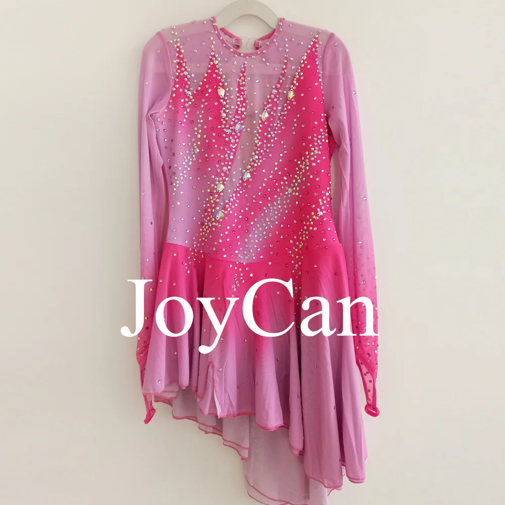 فستان JoyCan للتزلج على الجليد للفتيات باللون الوردي مطبوع بأحجار الراين المتلألئة وثياب أداء المنافسة حسب الطلب