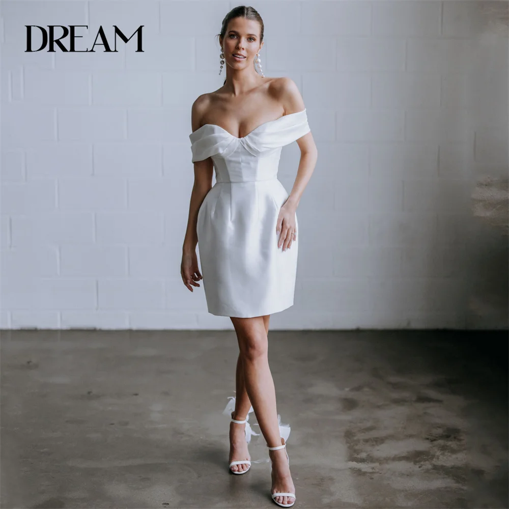 

DREAM v-Neck Off The Shoulder Satin Short Wedding Dress Pleat Open Back Split Pearls Bridal Gown Vestidos De Novia Customized