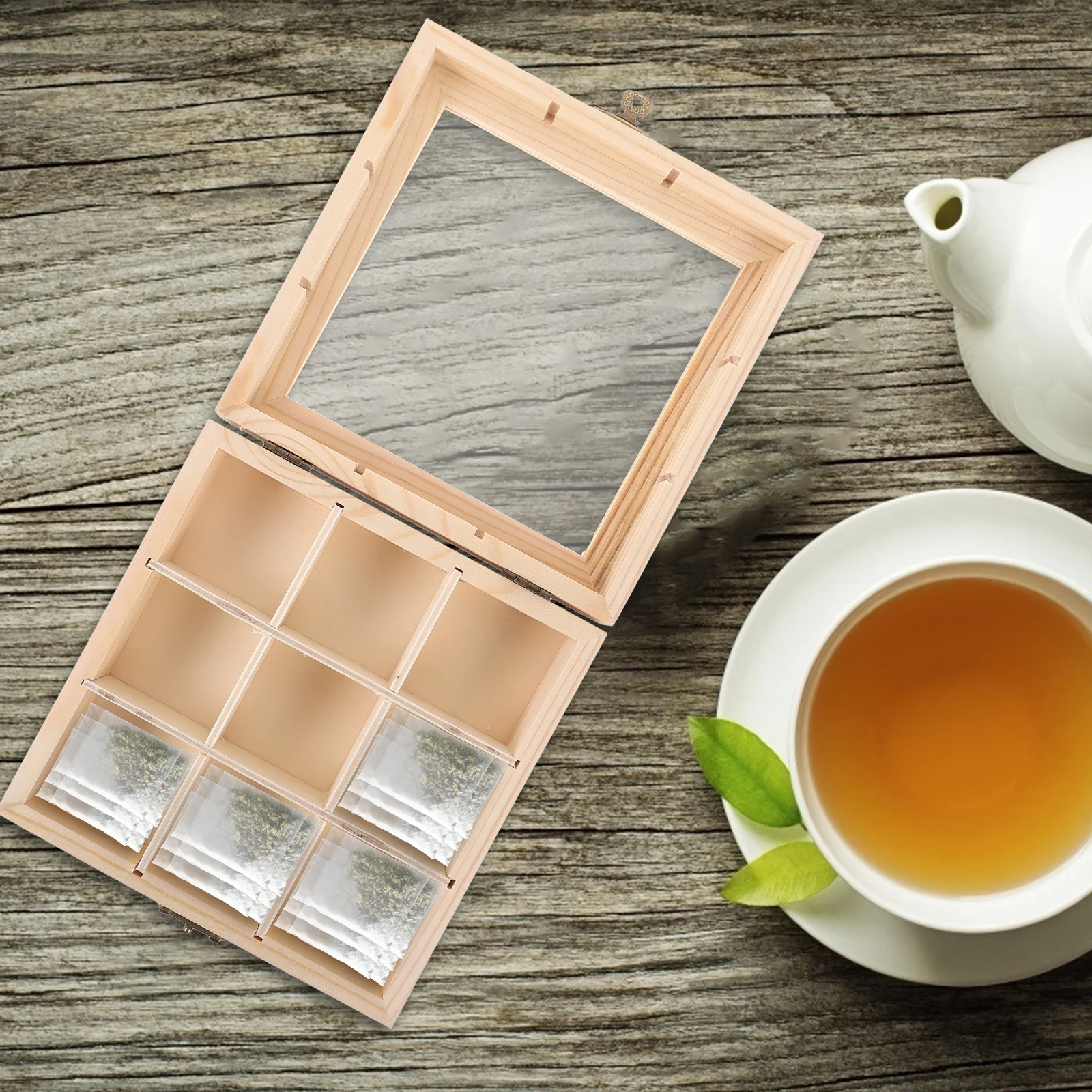 Wooden Tea Bag Storage Box Wood Tea Bag Countertop Holder Home Restaurant Coffee Sugar Packet Organizer 9 Compartment Tea Box - Image 5