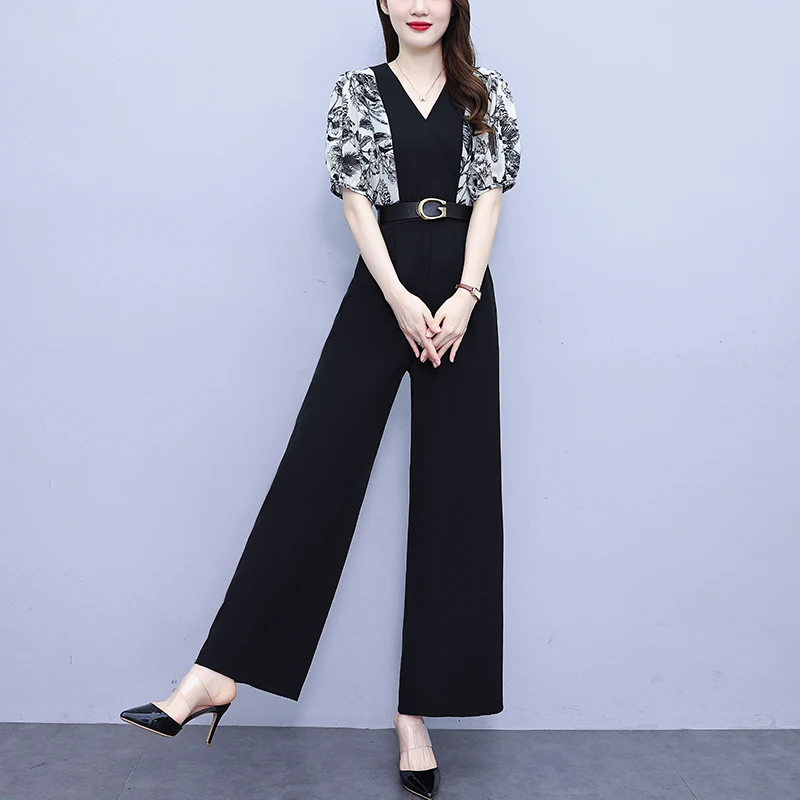 Real Photo 2025 Summer New Printed Chiffon Spliced Wide Leg Jumpsuit Slim Fit Bandage High Waist Jumpsuits Female