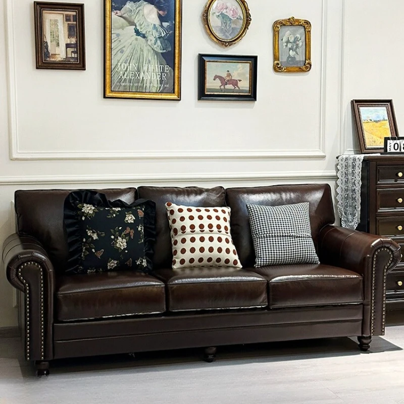 

Leather sofa, living room furniture, combination, small brown apartment