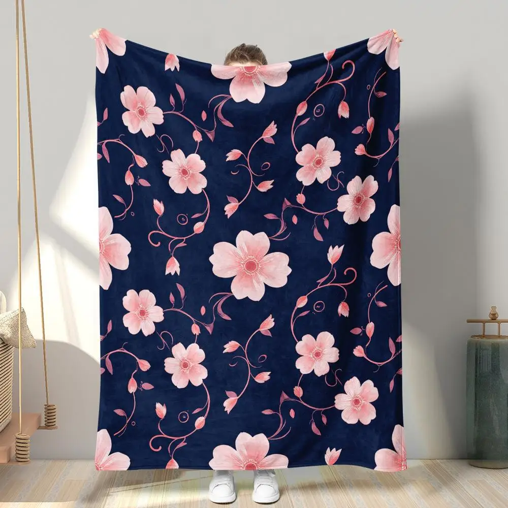

1pc Vintage navy blue and pink floral pattern blanket, polyester fabric, machine washable, suitable for bedroom and living room.