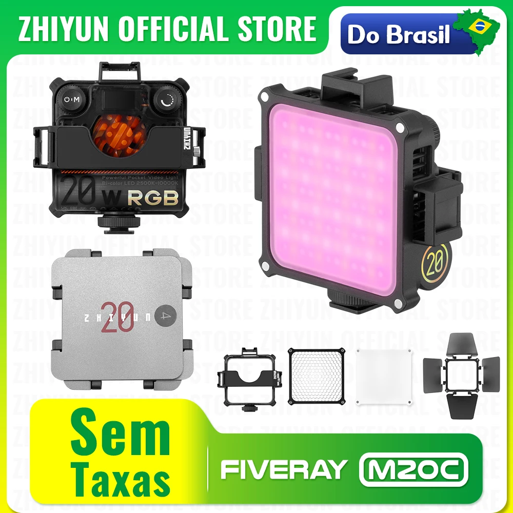 Do brasil sem taxa ZHIYUN Oficial FIVERAY M20C 20W RGB Vídeo Luz 2500K 6500K 10000K Luzes de preenchimento Bluetooth APP Controle Fotografia Iluminação