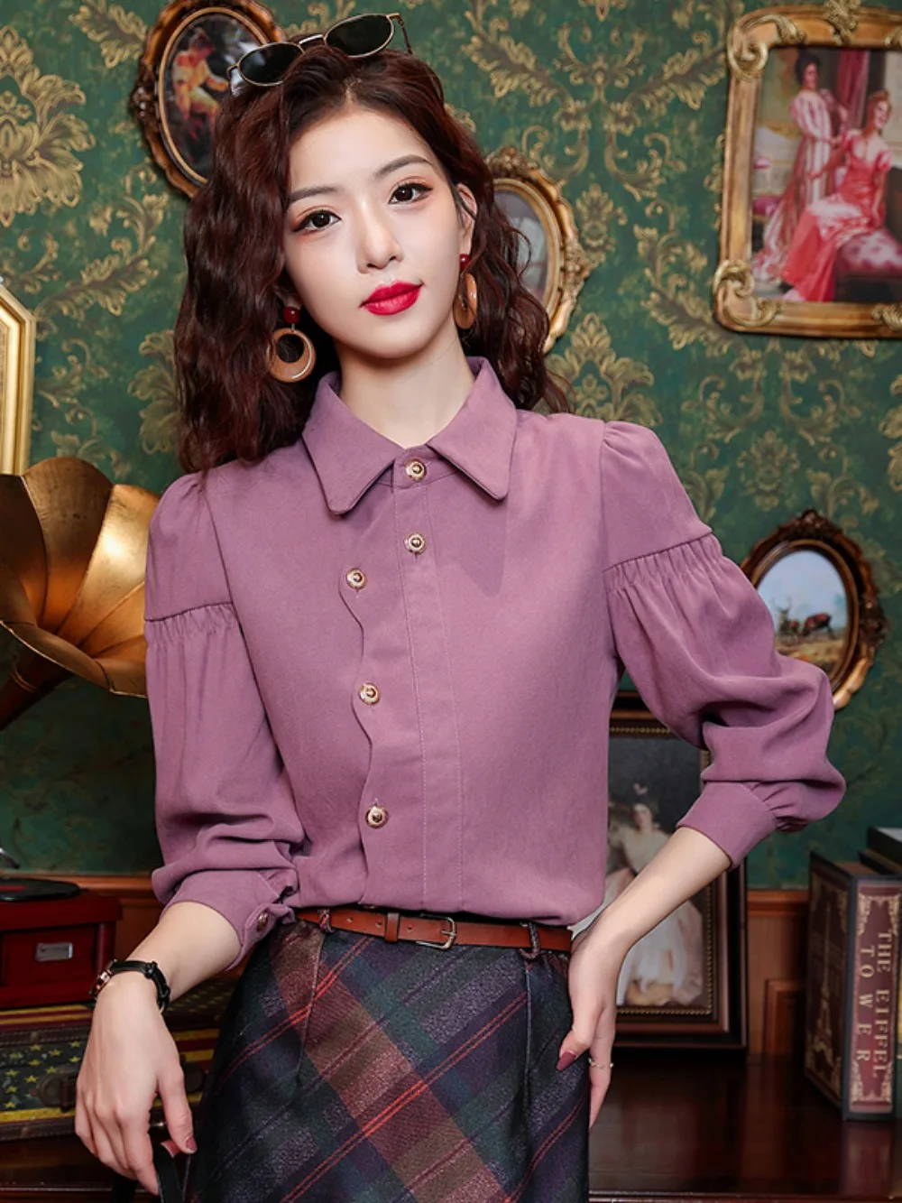 

French Intellectual Brushed Flannel Shirt Women AW Asymmetrical Hem Tailored Collar Vintage Inspired Elevated Basics QuietLuxury