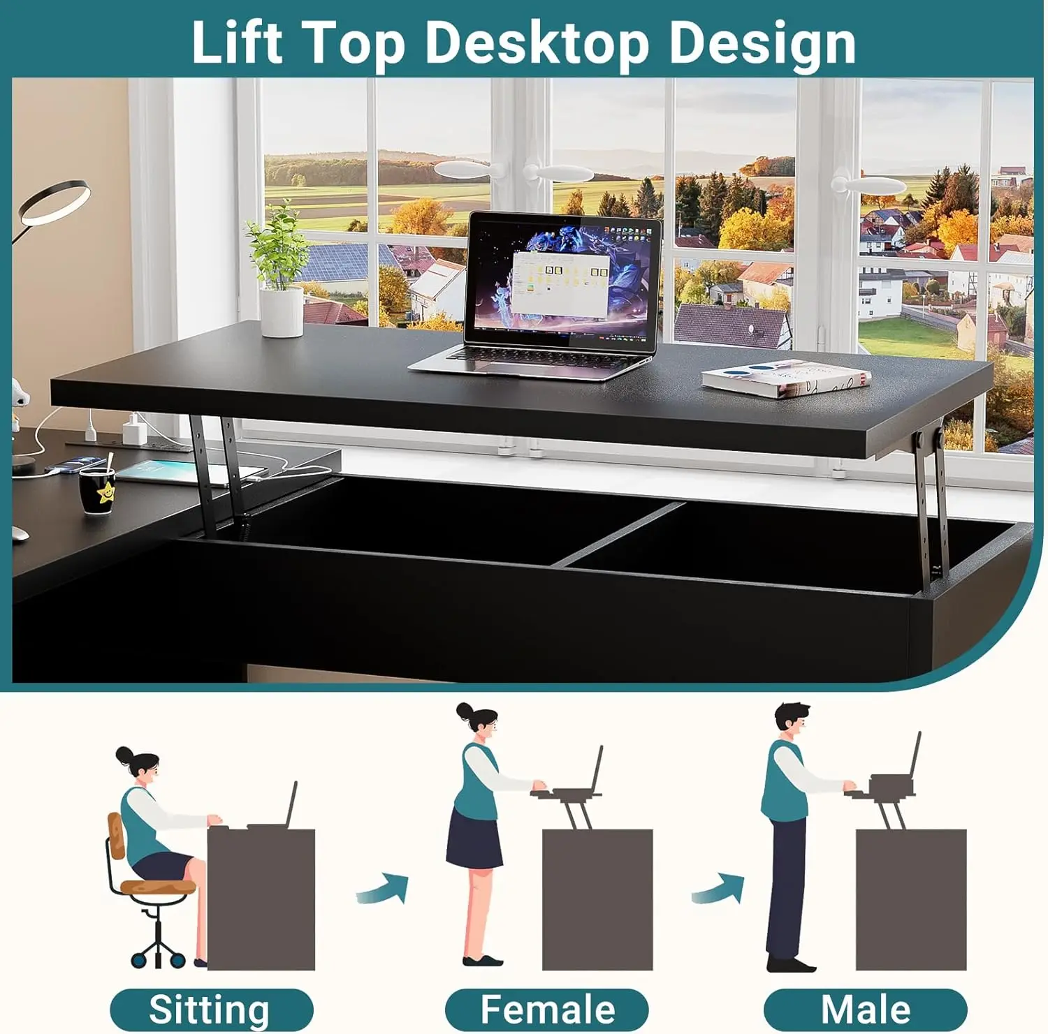 Bureau en forme de L avec dessus élévateur et MEL, grand bureau de bureau avec prises de courant et ports de chargement USB