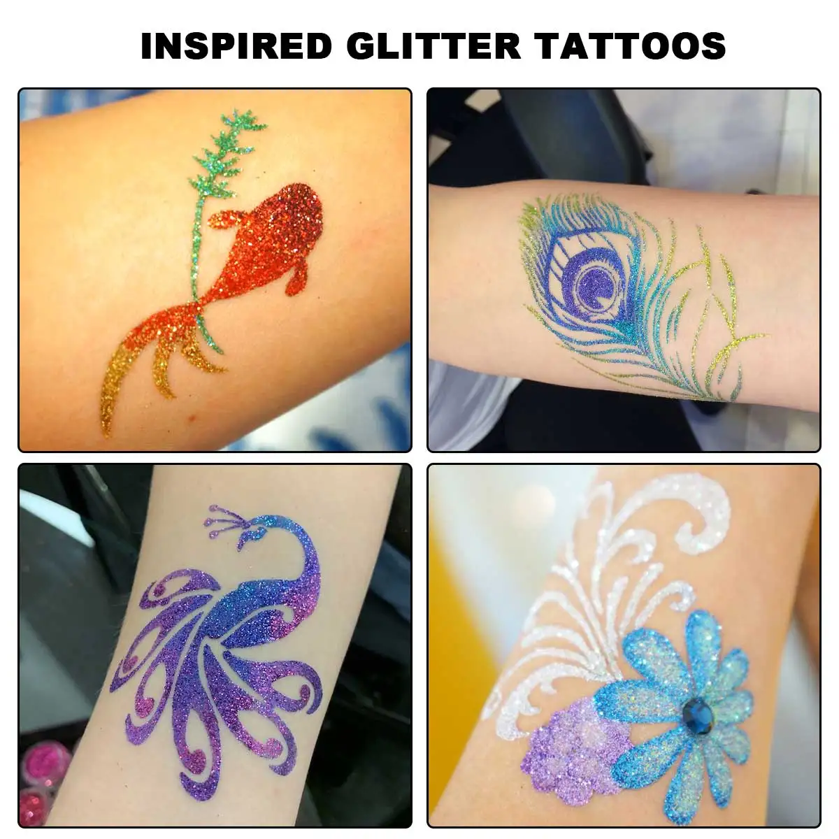 Tijdelijke glittertattoo-set, 12 leuke kleuren glittertattoos voor bodypainting, met 8 unieke sjabloonontwerpen en applicatorborstels, eenvoudig aan te brengen en te verwijderen, vakantiegeschenken, feestdecoraties, afstudeerceremonies, muziekfestival Rave-Partys Qla-Zh012