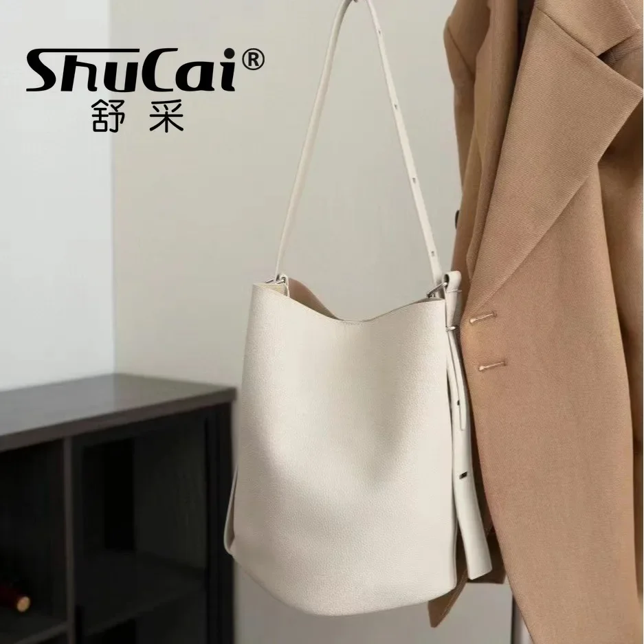 Genuine Women\'s Bag Cowhide Bucket Bag Large Capacity Fashion Trend Niche Single Shoulder Crossbody Bag 1108