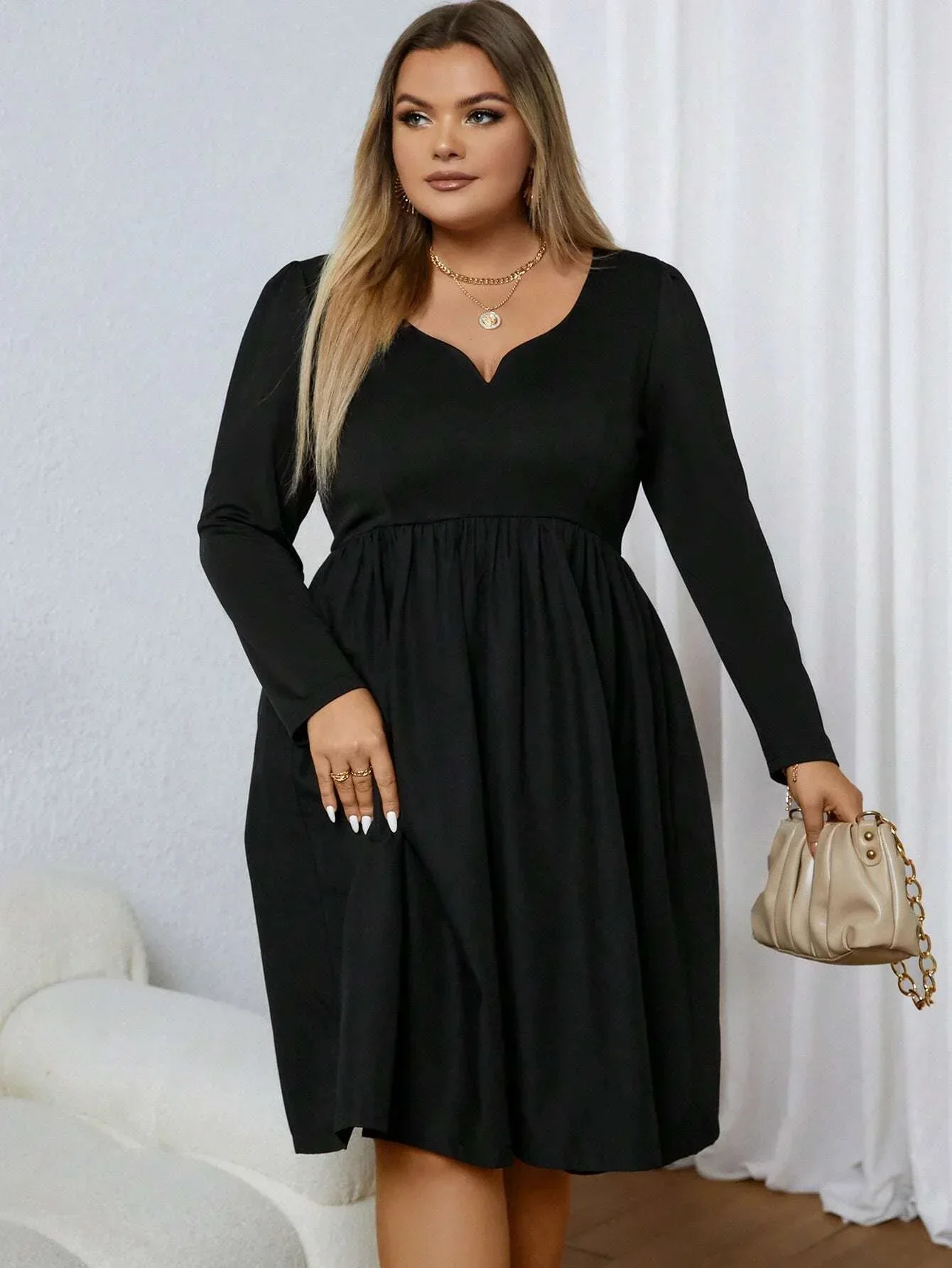 Plus Size 1XL-5XL damska dekolt w szpic z długim rękawem na co dzień z wycięciem w jednolitym kolorze, niezadrukowana, modna sukienka