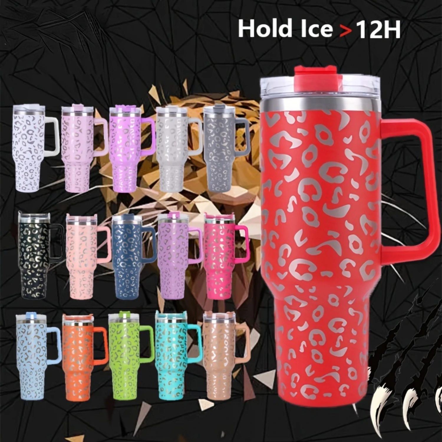 

40oz Large Capacity Laser Leopard Print Water Bottle - Stainless Steel Tumbler Insulation Cup With Lid, Straw & More - Perfect F