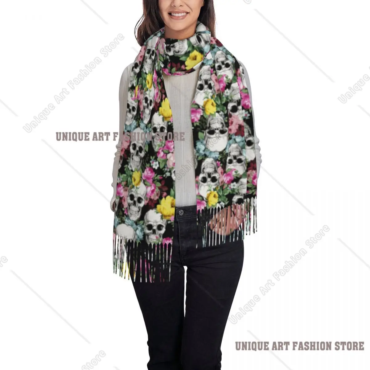 مخصص روز زهرة الجمجمة نمط شرابة وشاح المرأة شتاء خريف دافئ شال التفاف سيدة هالوين الأوشحة القوطية