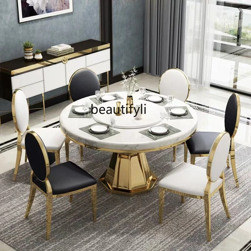 

Marble dining table light luxury simple round table with turntable household dining table and chair combination