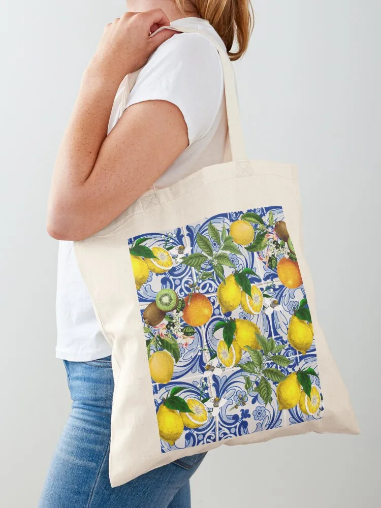 

Mediterranean Lemon on Blue Ceramic Tiles Tote Bag Canvas shoulder bag hand bag supermarket folding shopping cart bags
