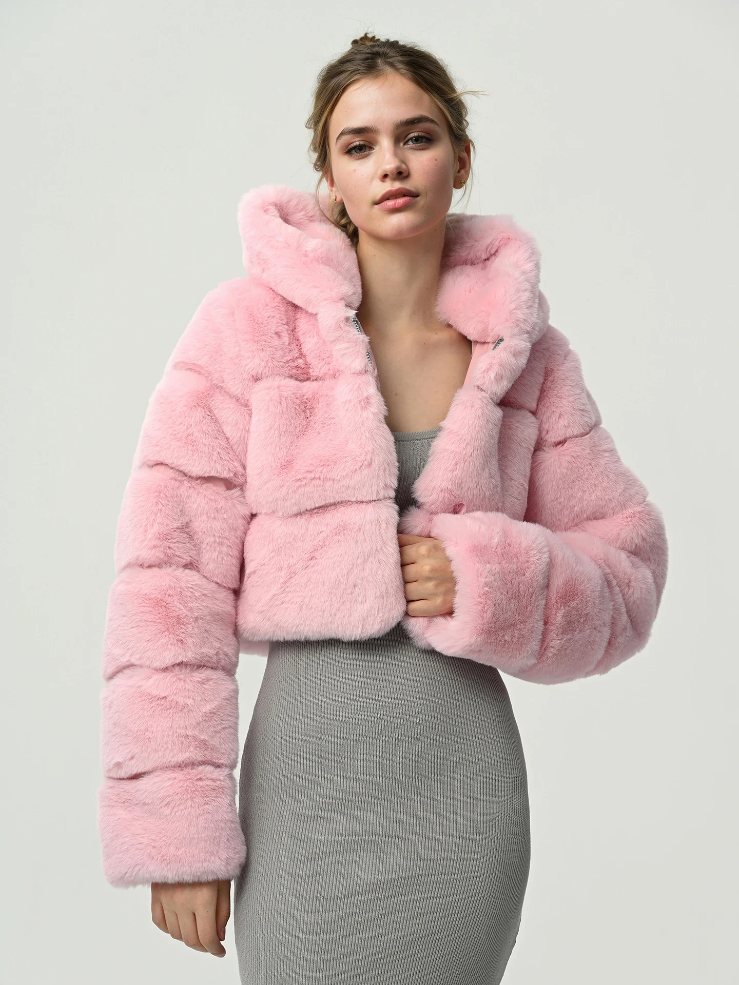 Kegular maat Elegant kort damesjack met capuchon van imitatiebont, lange mouw met ritssluiting, vrijetijdskleding voor herfst/winter