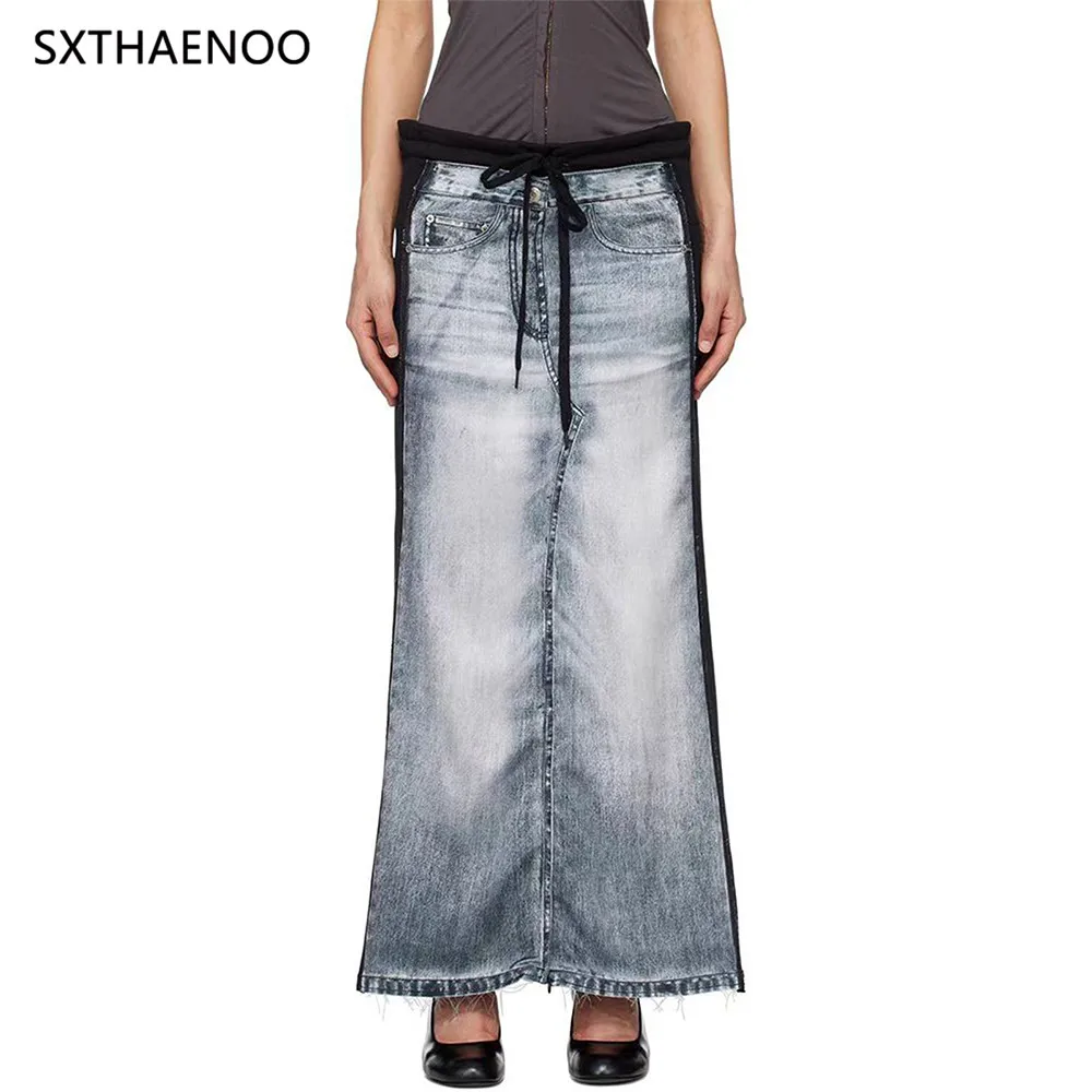 

SXTHAENOO Womens Jean Maxi Skirt Trendy Frayed Hem Drawstring Waist Stylish Casual Summer Bottom With Pockets Unique Design