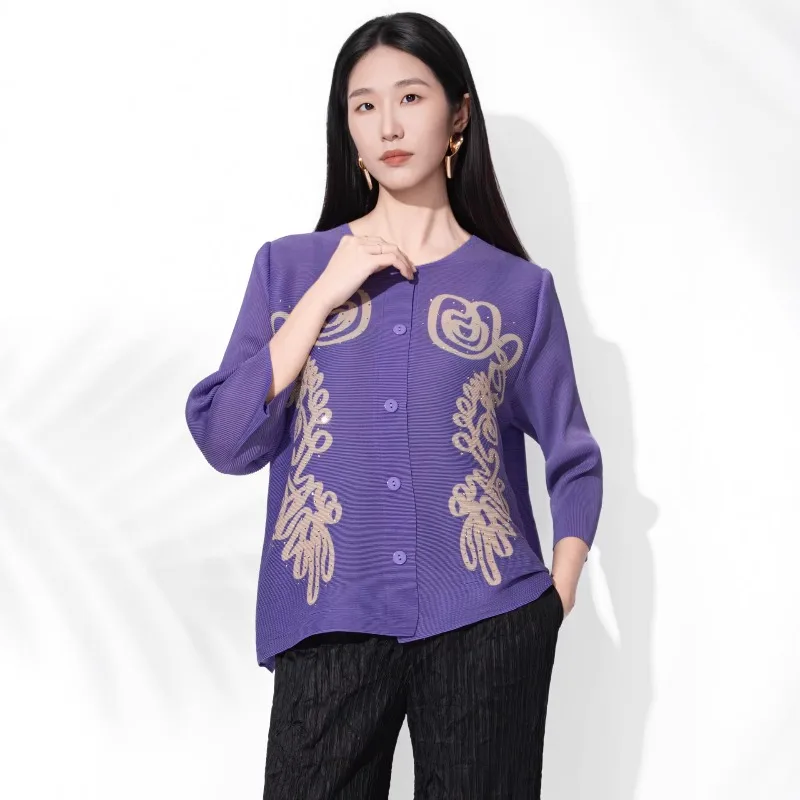 

Miyake Pleated Shirt Plisse 2026 New Round Neck Pleated Top Women 2026 Spring Summer Embroidered Beaded Loose Long Sleeve Shirt