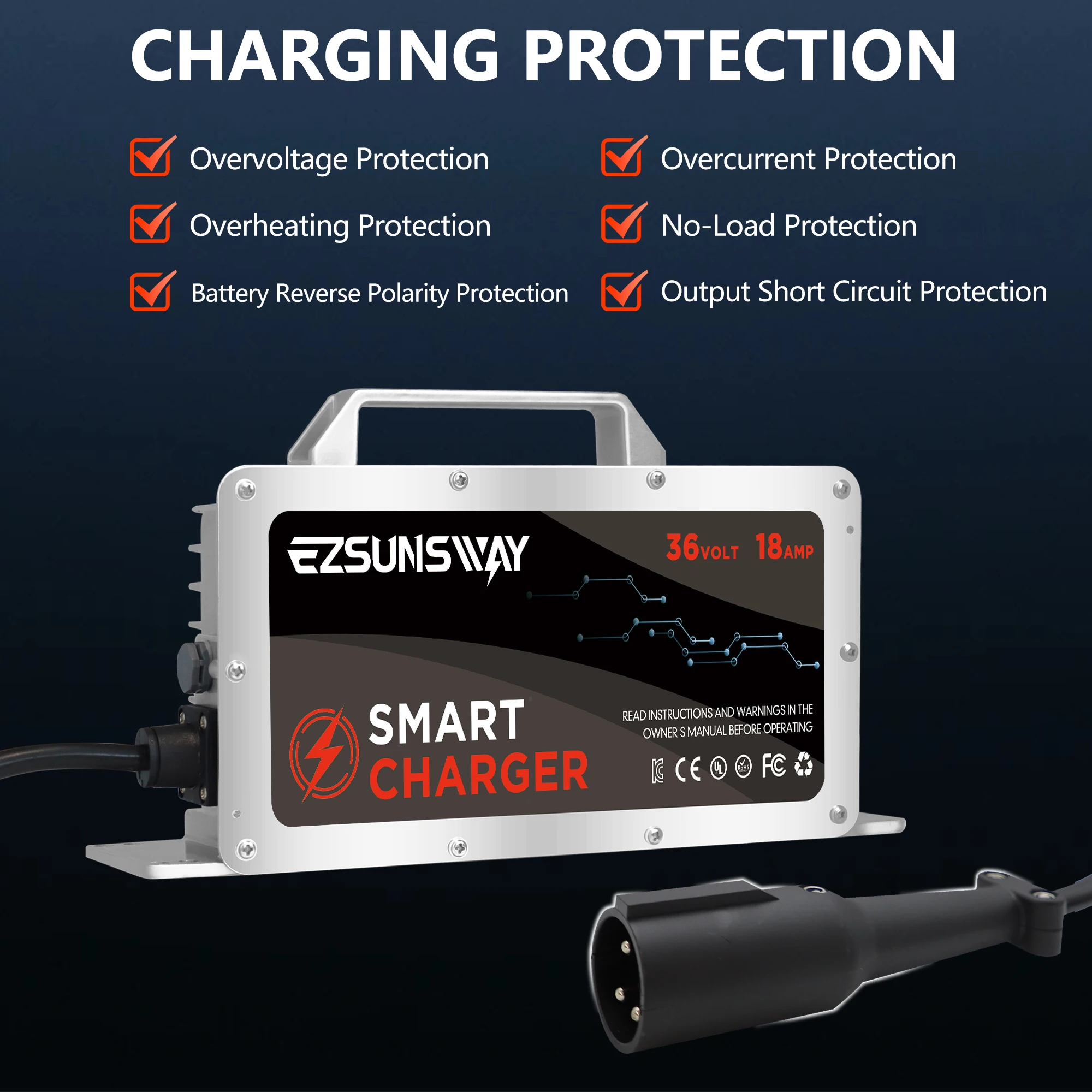 

Зарядное устройство для гольф-кара Club Car, 36 В, 18 А, 3-контактная круглая вилка для интеллектуальных свинцово-кислотных аккумуляторов Precedent и DS