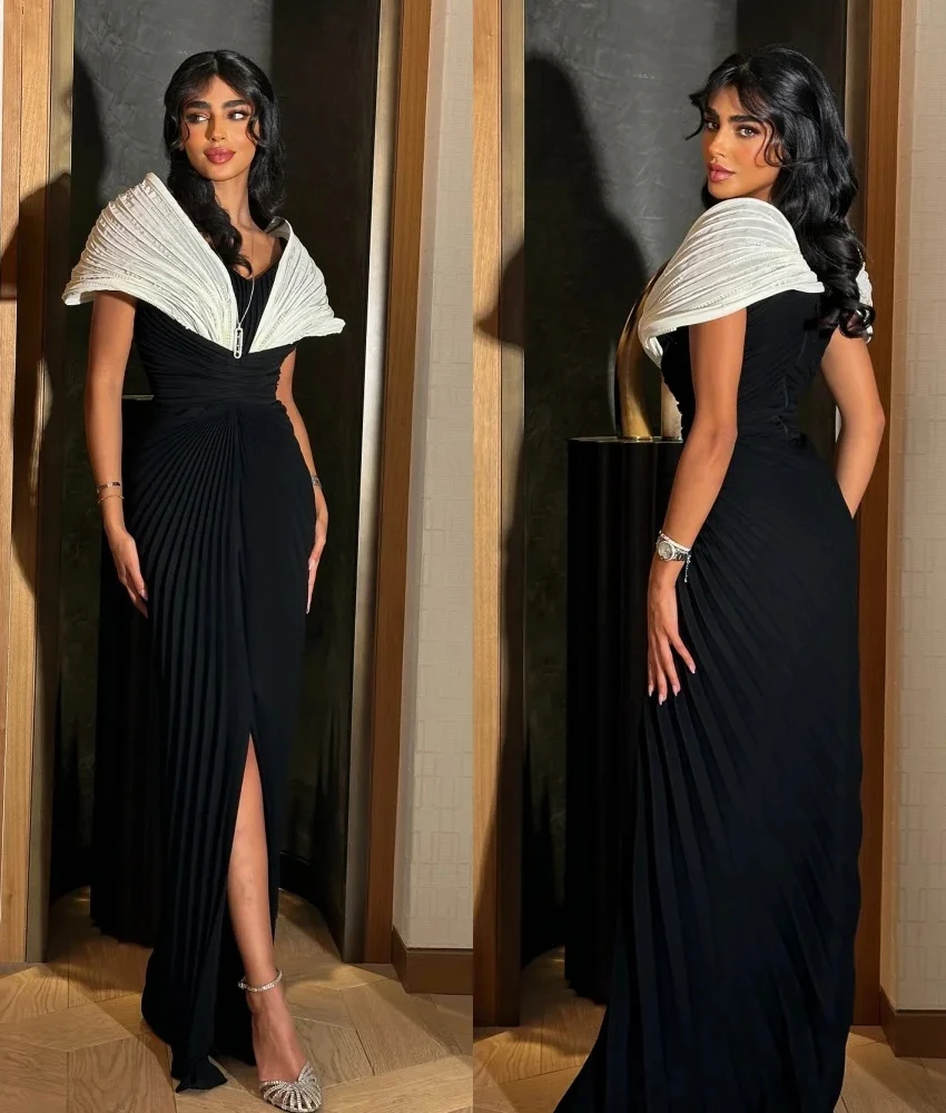 

Customized Delicate Jersey Straight Pearls Beading Evening Dress High Quality V-Neck Short Sleeves Floor Length Party Gowns