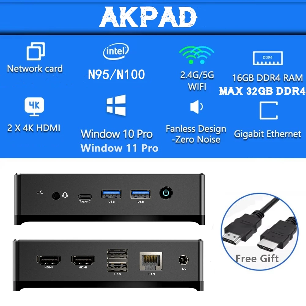 AKPAD LB1 Mini PC Intel Alder Lake N95 N100 8GB/16GB Windows 11 Pro Computadora para juegos, 4K 60Hz 2 HDMI Win 11 Minipc