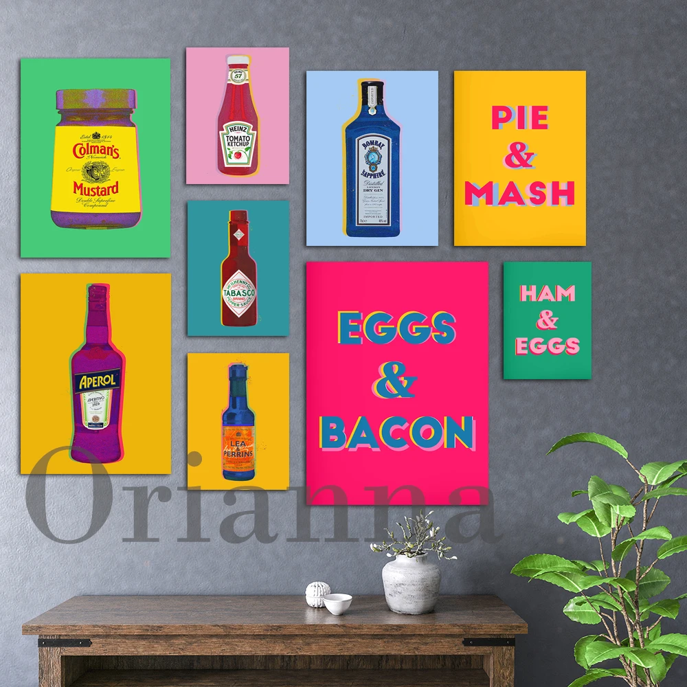 Tomato Ketchup Gin Colmans Mustard Tobasco Sauce Fish Chips Pie Mash Ham Eggs Bacon quote Food Poster Pop Art Kitchen Wall Print