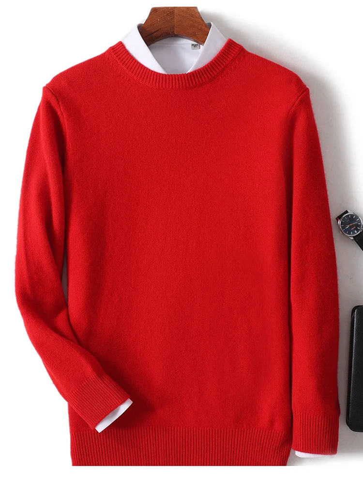 ขนสัตว์ Merino 100% ผู้ชายรอบคอหนาฤดูใบไม้ร่วงฤดูหนาว Casual แฟชั่นสีทึบถักเสื้อกันหนาว