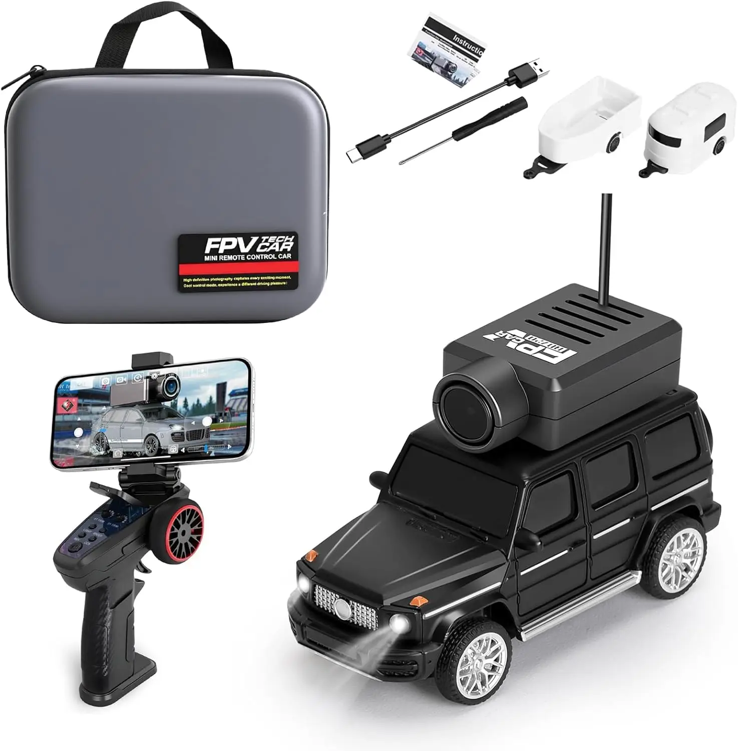 1:64 Scale RC Drift Car with FPV Camera, 720P WiFi Real‑Time Video via App, 2.4GHz Gyro Stabilization, Dual Control by Remote or Phone, 3 Speed Settings & Suspension System, LED Light Bars for Hobby Enthusiasts