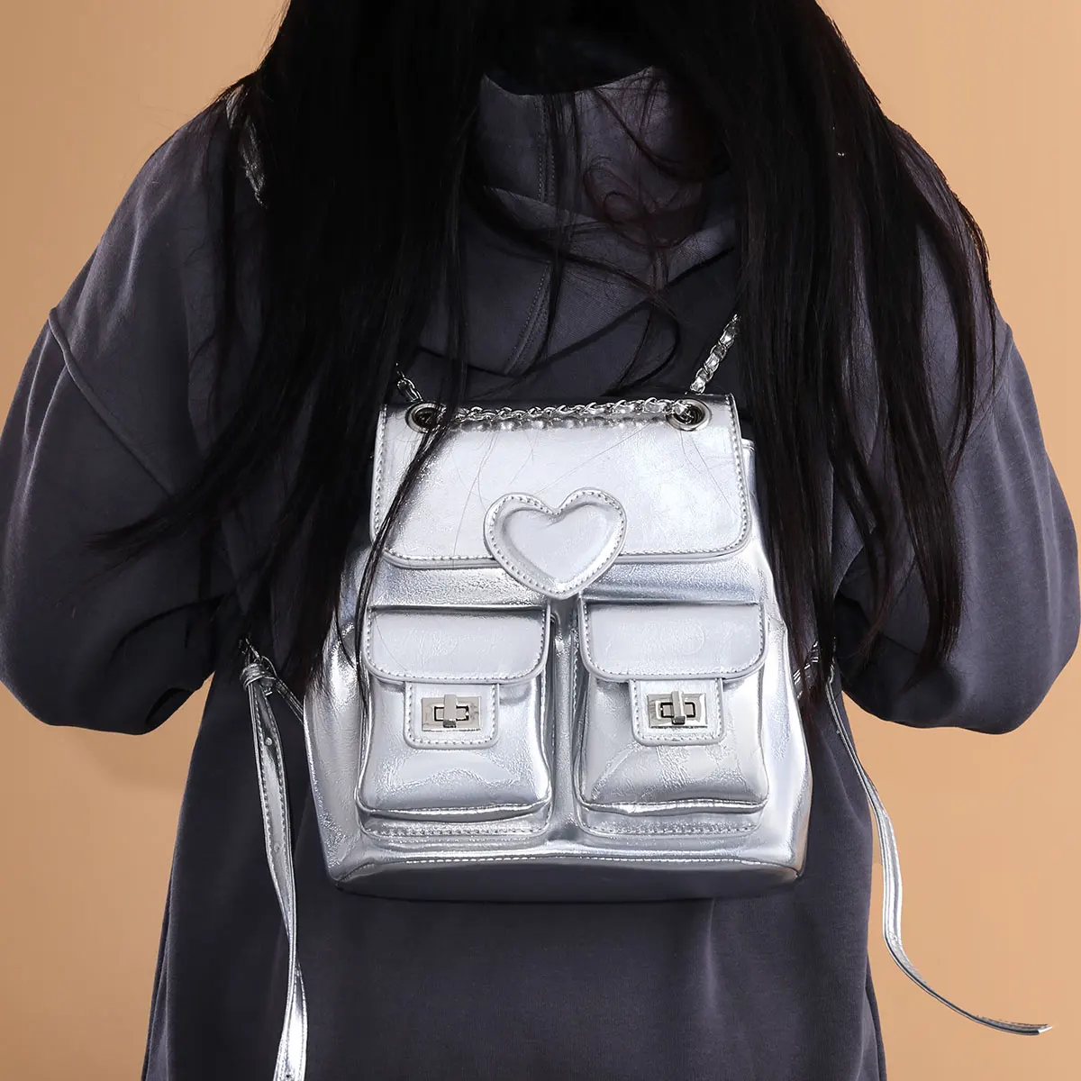 

New Womens Heart Design Backpack - Fashion Chain Shoulder Bag Suitable For School, Travel And Going Out, Silver Backpack