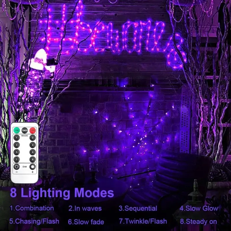 1/2PC Halloween LED Spider Web Lights 96LED Battery Powered 8Mode Spiderweb Purple Lamp for Bedroom Garden Halloween Party Decor