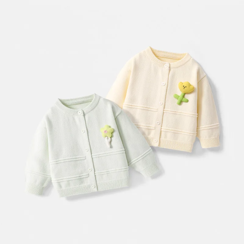 Autumn and Winter Baby Flower Round Neck Sweater, Children's Casual Knitted Jacket, Women's Treasure Long Sleeved Cardigan Top